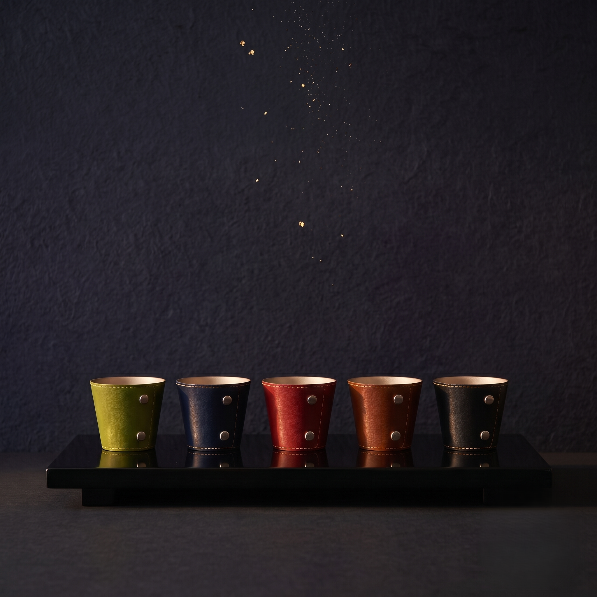 革塗酒器(5点 草、紫、赤、茶、黒)/Leather-Texture Lacquer Sake Vessels (Set of 5: Green, Purple, Red, Brown, and Black)