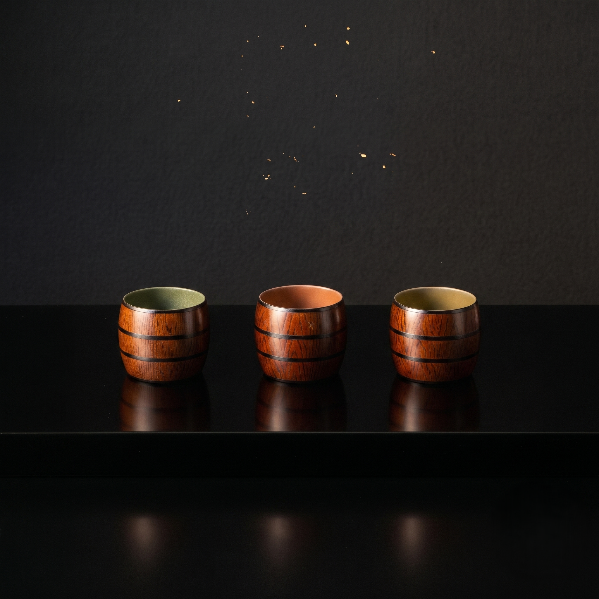 乾漆樽型酒器（3点 緑、朱、黄）/Kanshitsu barrel-shaped sake vessels (set of 3: green, vermilion, and yellow)